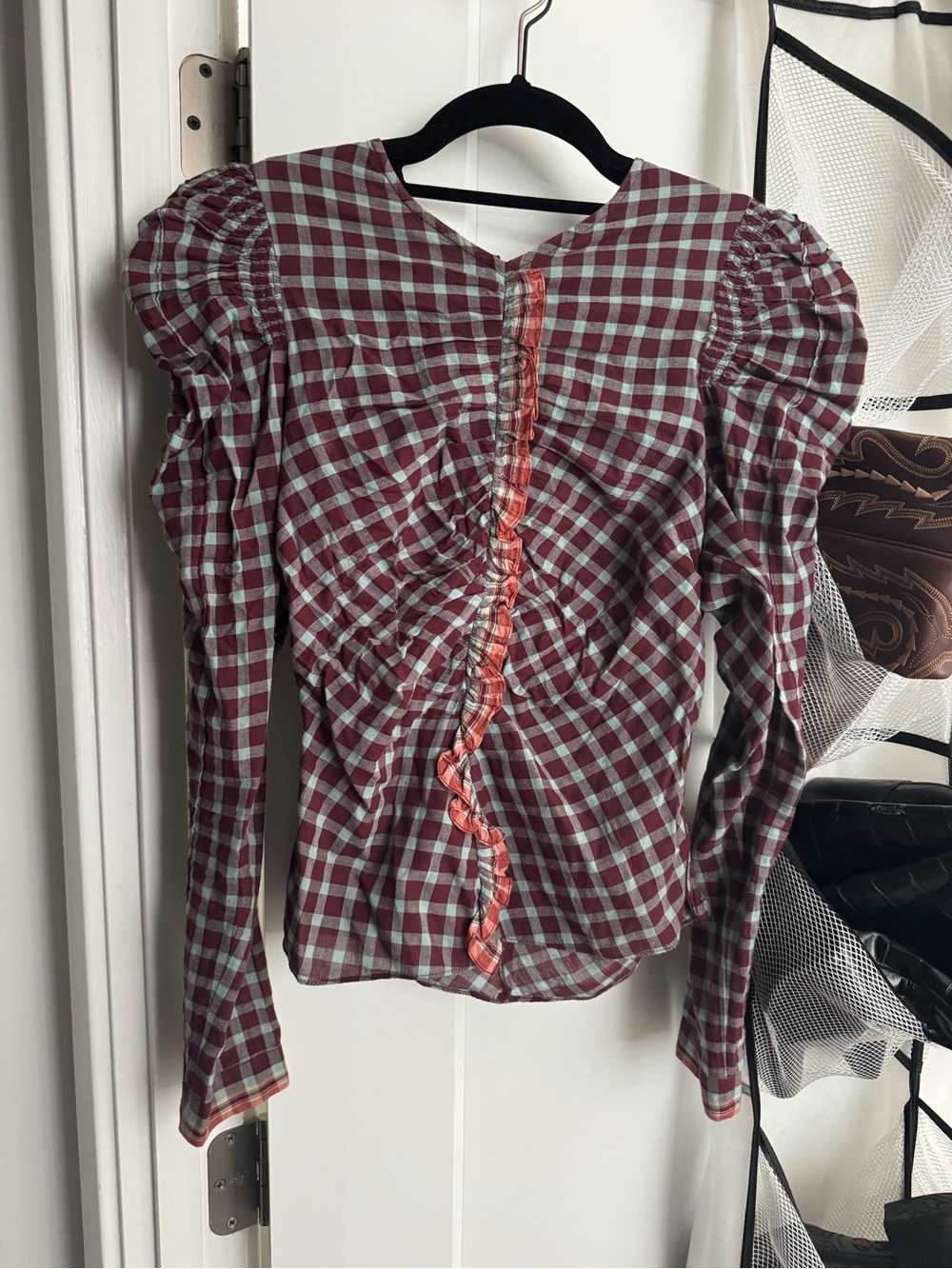 Ulla Johnson Burgundy and Gray Checked Ruched Ruffle Blouse